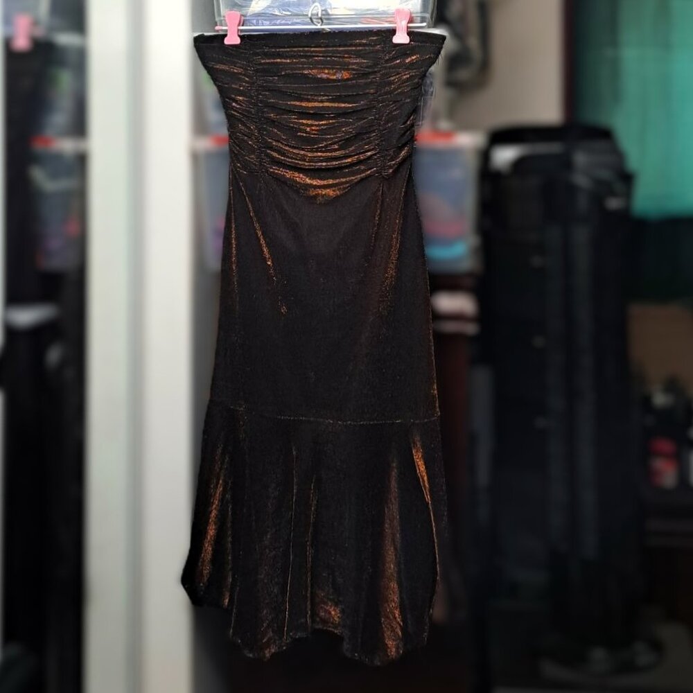 Vintage Y2K Metallic Bronze Strapless Ruched Party Dress Made in Canada